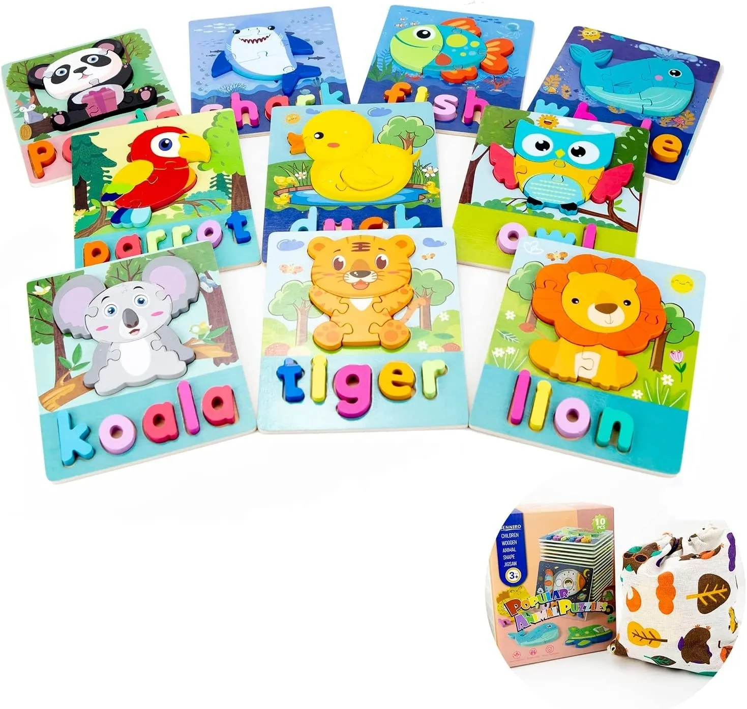 10-Pack Wooden Toddler Puzzles for Ages 2-4