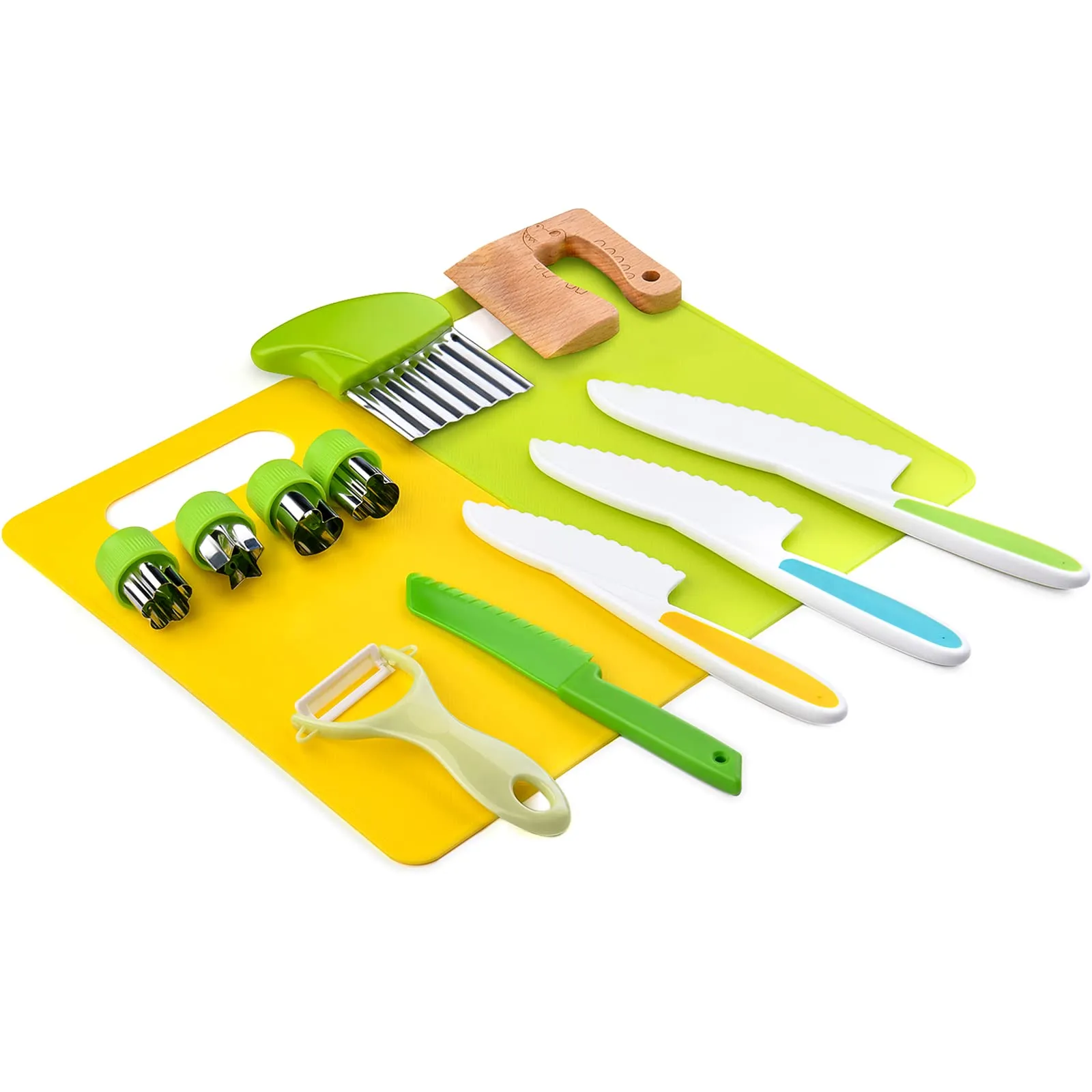 13 Pieces Montessori Kitchen Tools for Toddlers-Kids Cooking Sets Real-Toddler Safe Knives Set for Real Cooking with Plastic Toddler Safe Knives Crinkle Cutter Kids Cutting Board