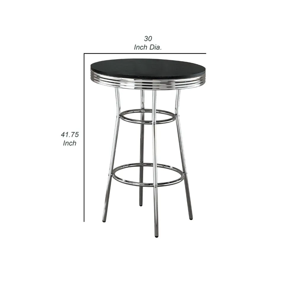 42 Inch Round Bar Table, Ribbed Apron, Glossy Black Lacquer, Retro Style By Casagear Home