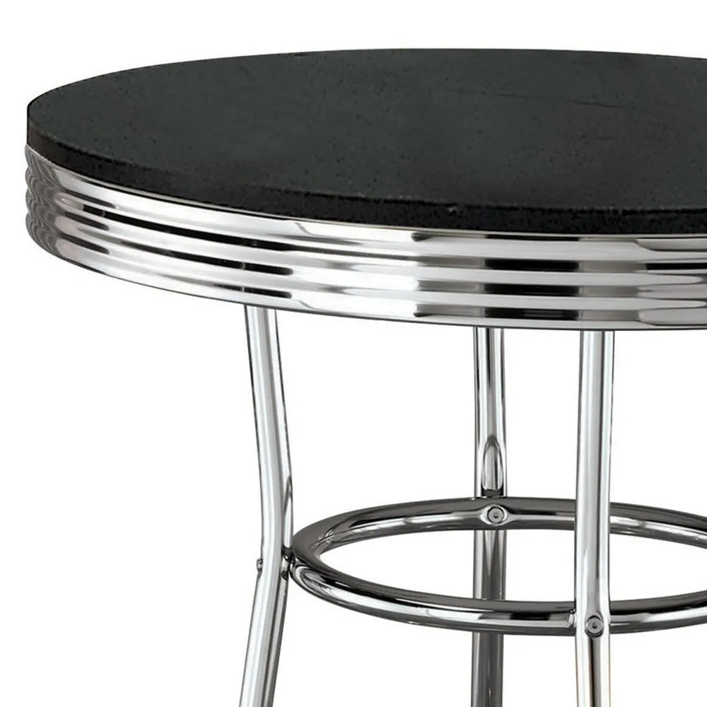 42 Inch Round Bar Table, Ribbed Apron, Glossy Black Lacquer, Retro Style By Casagear Home