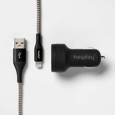 6' Lightning to USB-A Cable 2-Port 3.1A Car Charger - heyday Black/Gold