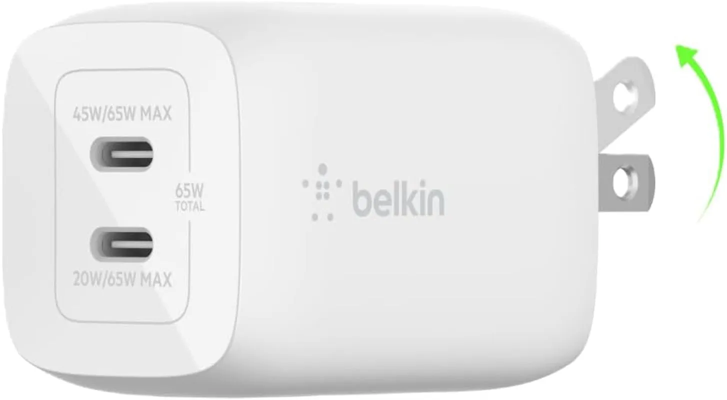 Belkin 65W Dual USB-C Wall Charger, Fast Charging Power Delivery 3.0 W/ Gan Technology for Iphone 16, 16 Pro, 16 Pro Max, 15, 14, Pro, Pro Max, Mini, Ipad Pro 12.9, Macbook, Galaxy S24, & More - White