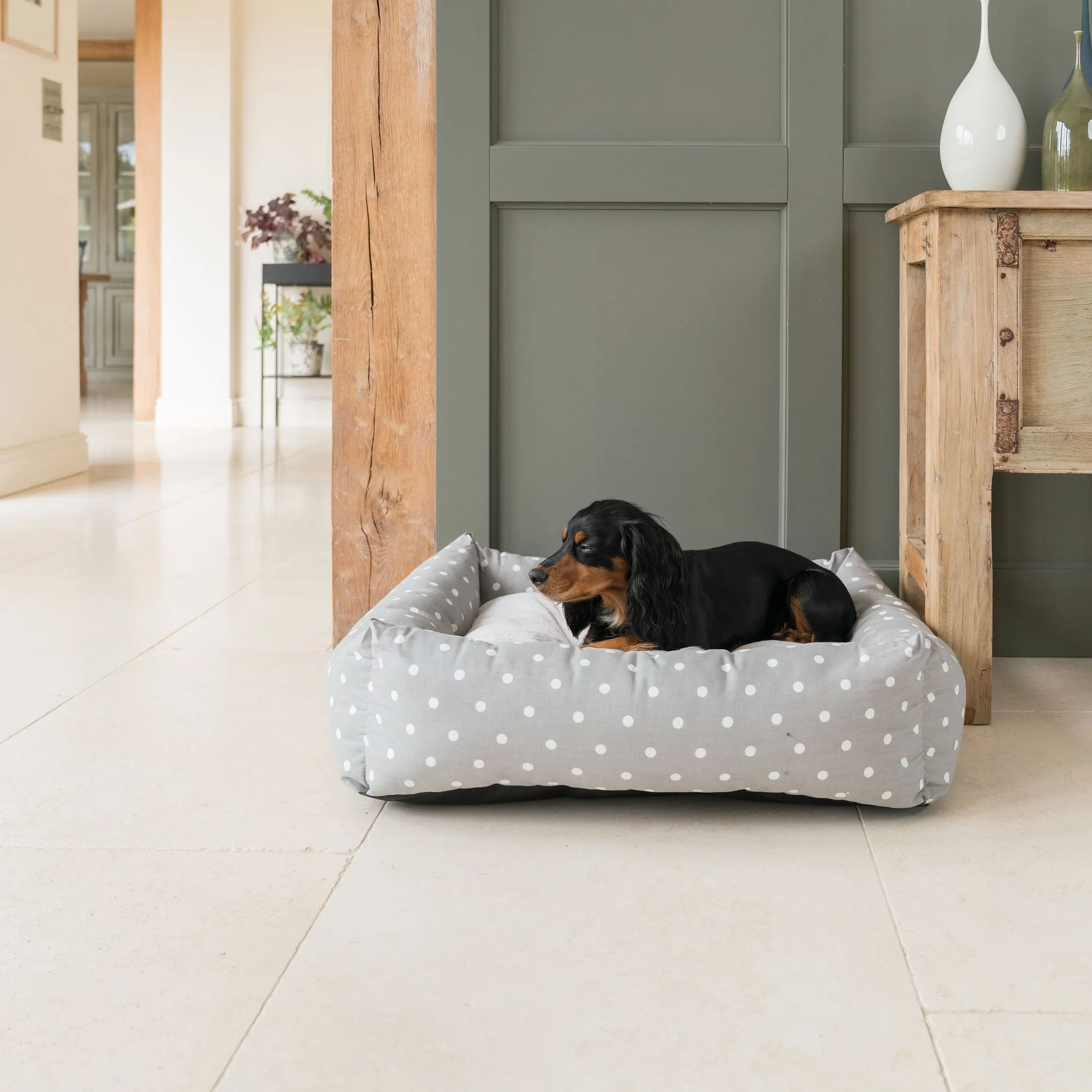 Box Bed With Removable Covers in Grey Spot by Lords & Labradors