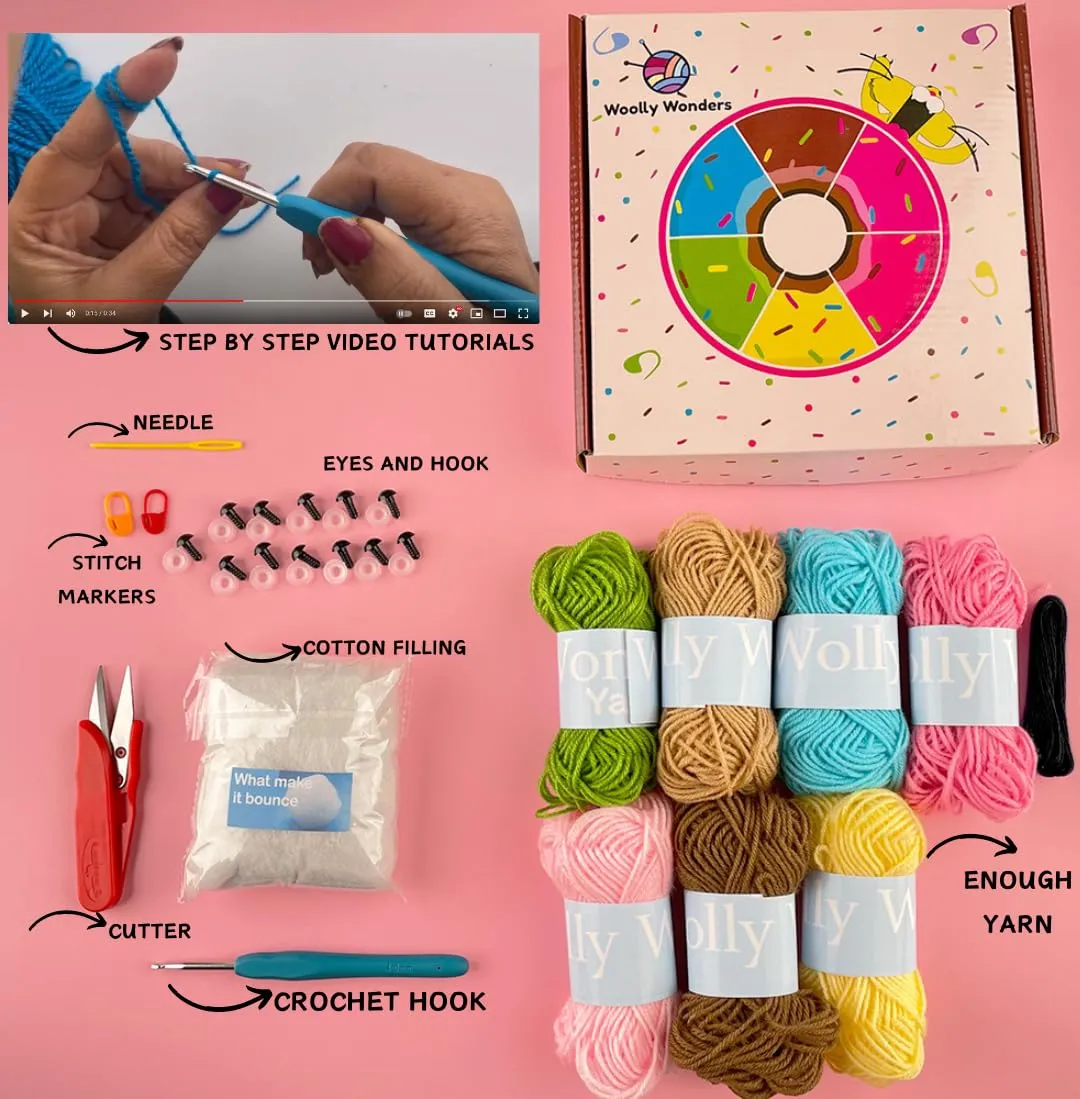 Crochet Kit for Beginners, Beginner Crochet Starter Kit w Step-by-Step Video Tutorials, Learn to Crochet Kits for Adults & Kids, DIY Knitting Supplies, 6-Pack Donut Family(40%  Yarn Content)