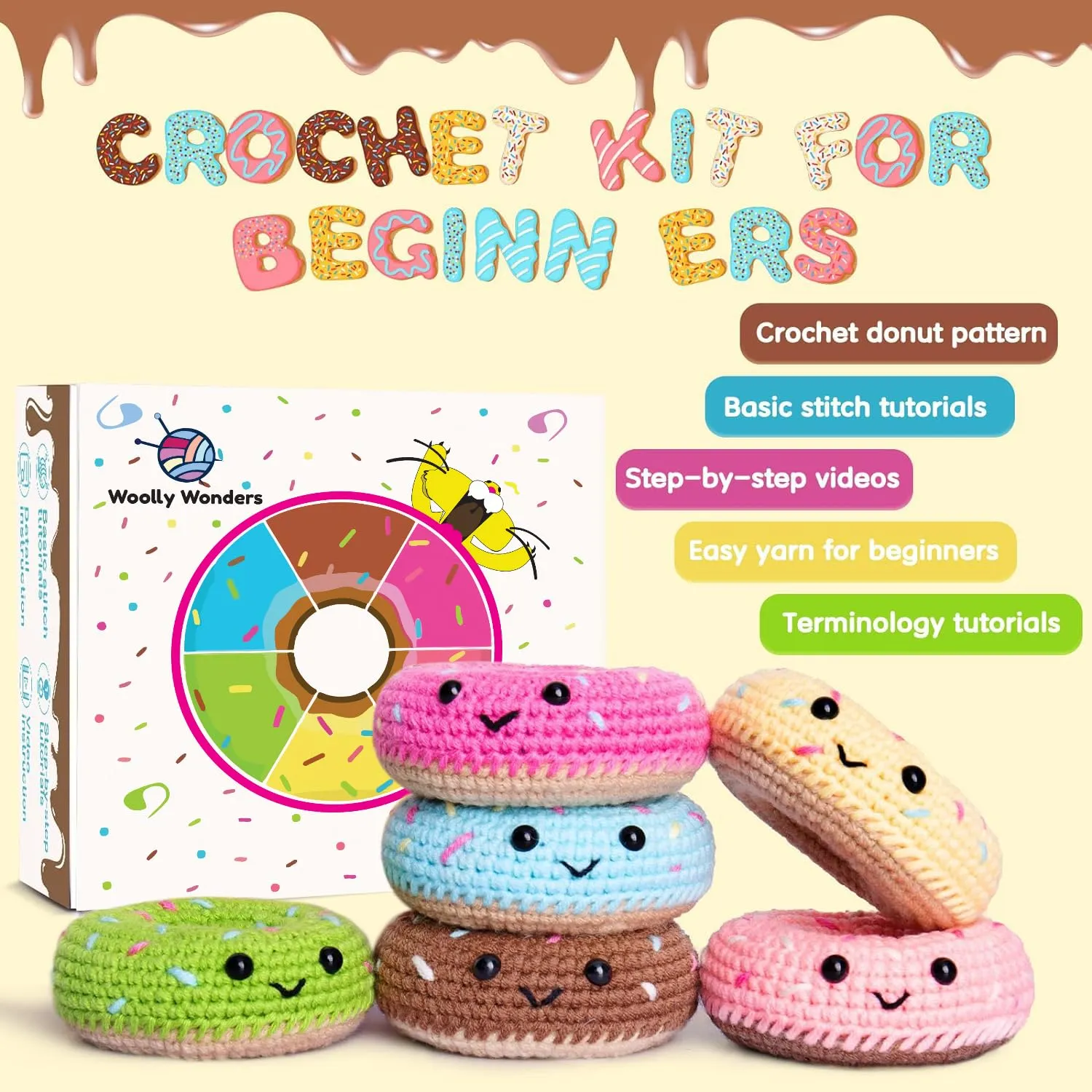 Crochet Kit for Beginners, Beginner Crochet Starter Kit w Step-by-Step Video Tutorials, Learn to Crochet Kits for Adults & Kids, DIY Knitting Supplies, 6-Pack Donut Family(40%  Yarn Content)