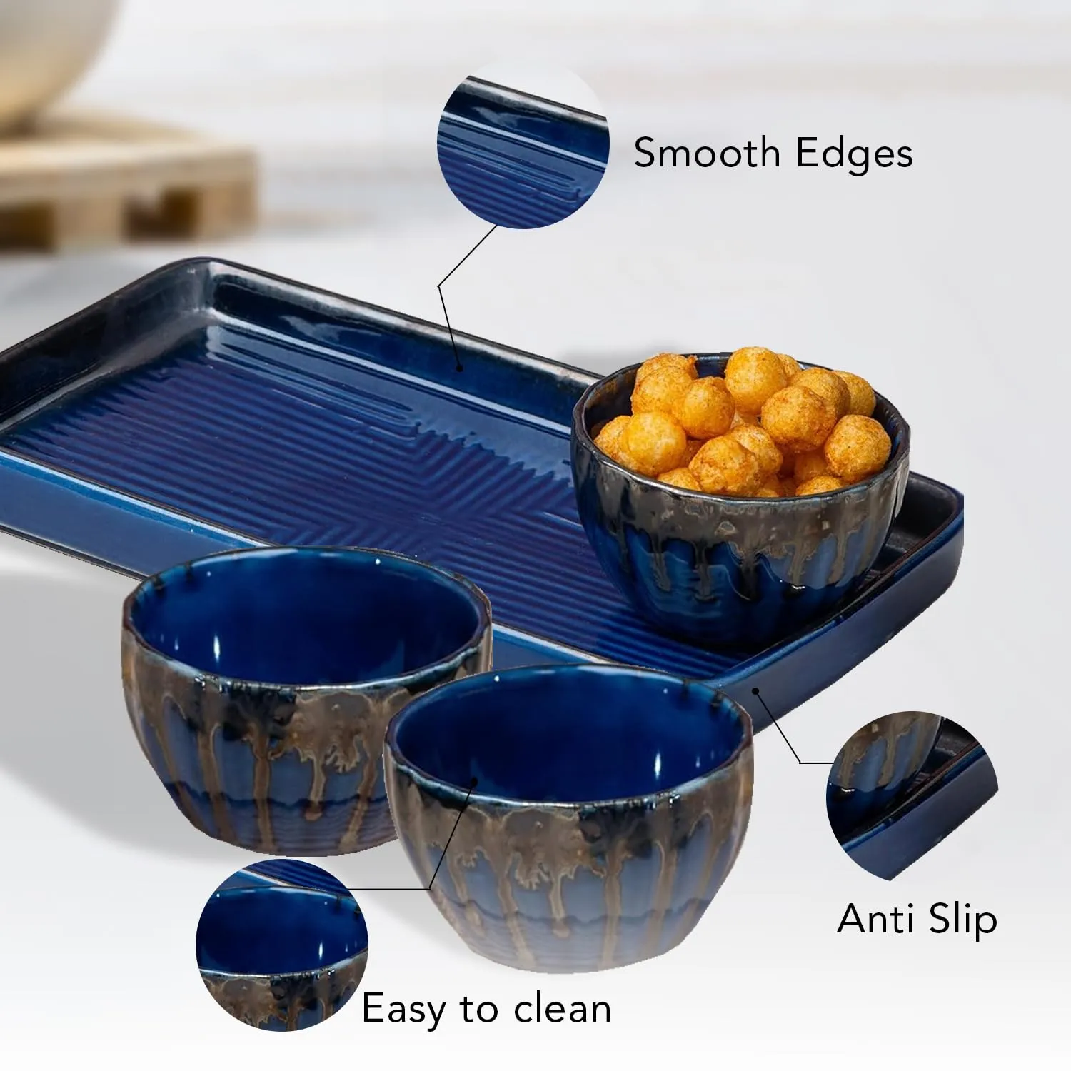 Ekhasa Ceramic Bowl Set with Tray for Kitchen (Microwave Safe, Set of 3) | Ceramic Serving Platter | Ceramic Bowl for Serving | Dry Fruit Tray for Serving | Platters Set for Snacks