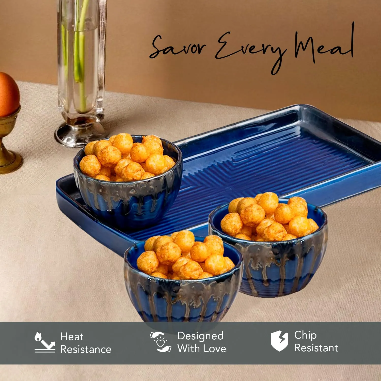 Ekhasa Ceramic Bowl Set with Tray for Kitchen (Microwave Safe, Set of 3) | Ceramic Serving Platter | Ceramic Bowl for Serving | Dry Fruit Tray for Serving | Platters Set for Snacks