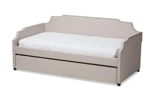 Francesca Beige Fabric Upholstered Twin Size Sofa Daybed w/Roll Out Trundle Guest Bed