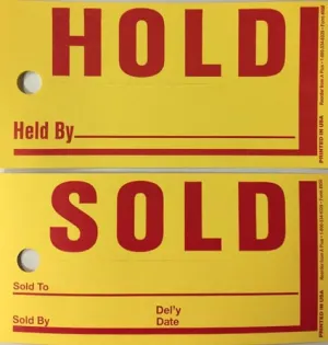 Jumbo Hold/Sold Tags for Car Dealerships - Heavy Duty 8" x 4" Merchandise Tags with 9/16" Slice Hole - Bright Yellow Tags with Red Print