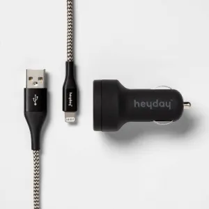 New - 6' Lightning to USB-A Cable 2-Port 3.1A Car Charger - heyday Black/Gold