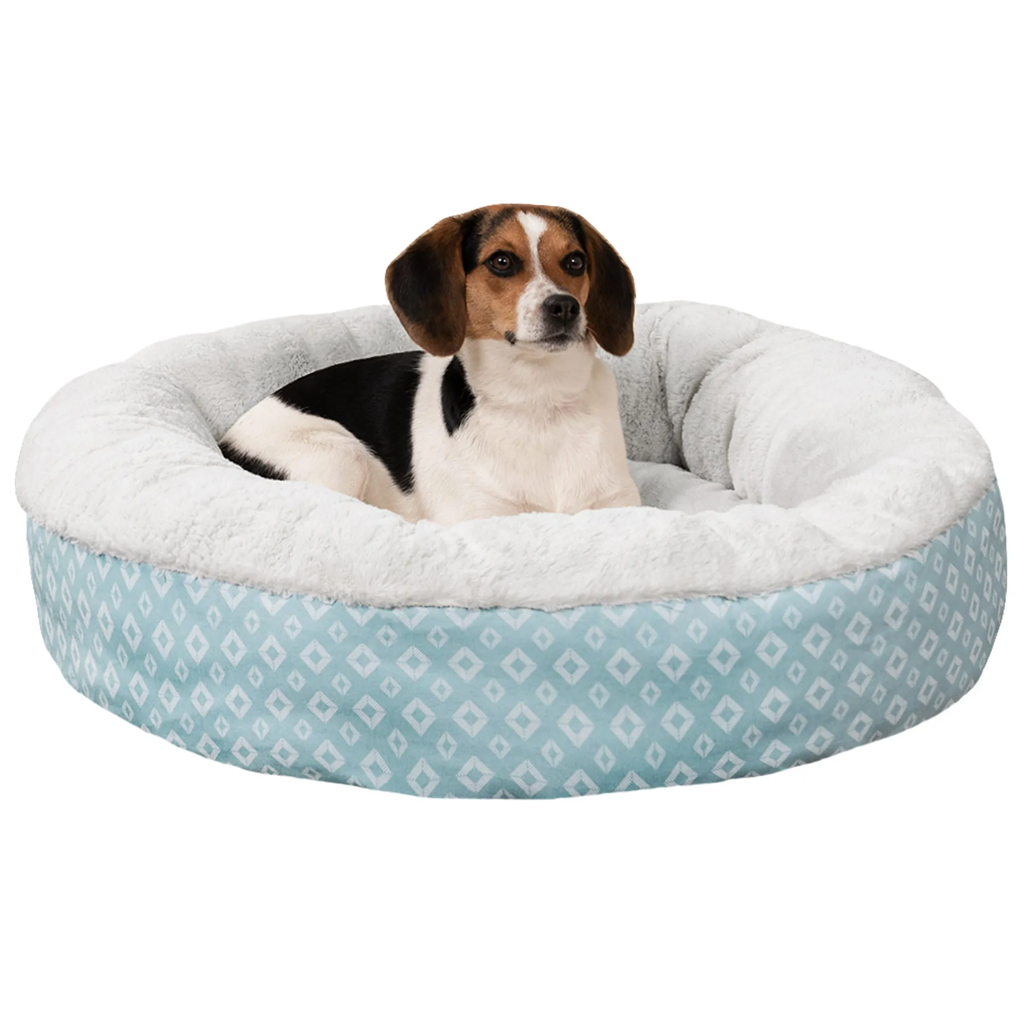 Plush & Diamond Print Calming Donut Dog Bed