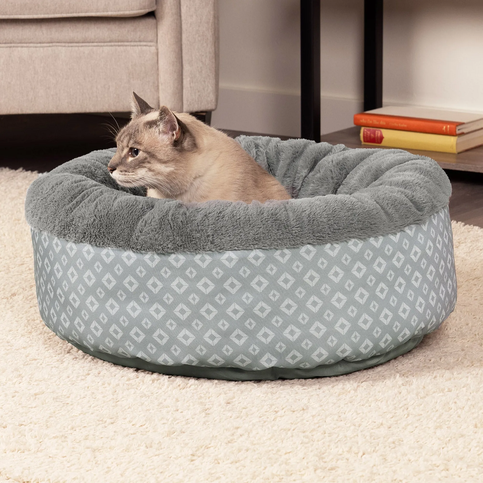 Plush & Diamond Print Calming Donut Dog Bed