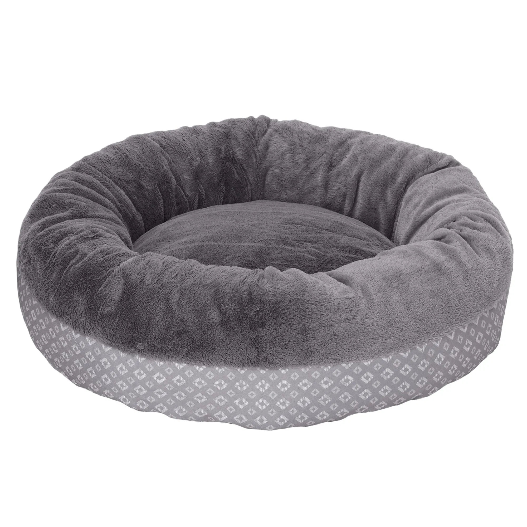 Plush & Diamond Print Calming Donut Dog Bed