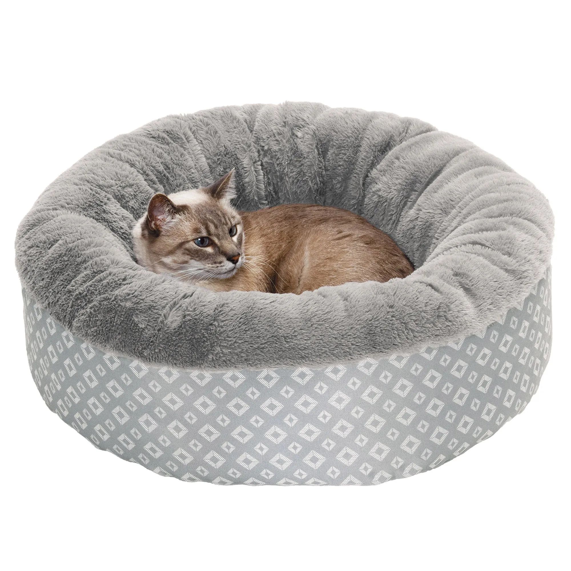 Plush & Diamond Print Calming Donut Dog Bed