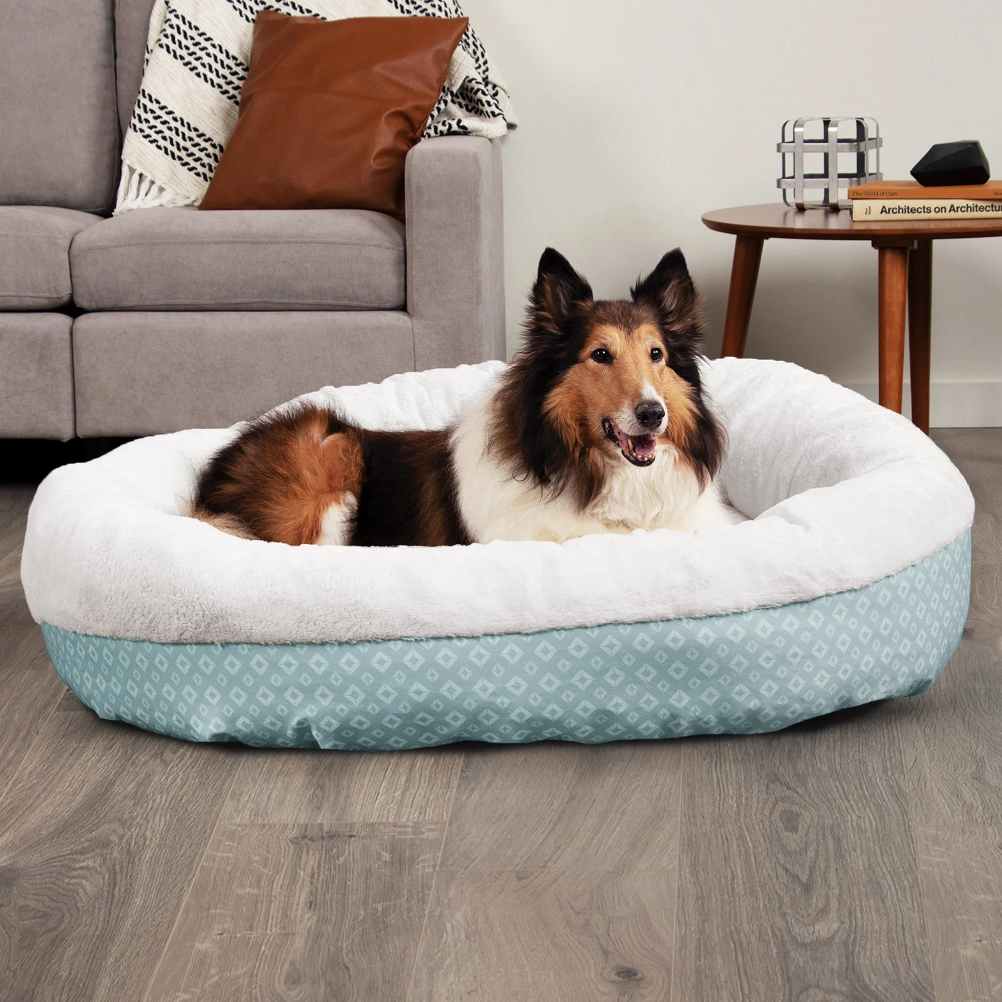 Plush & Diamond Print Calming Donut Dog Bed