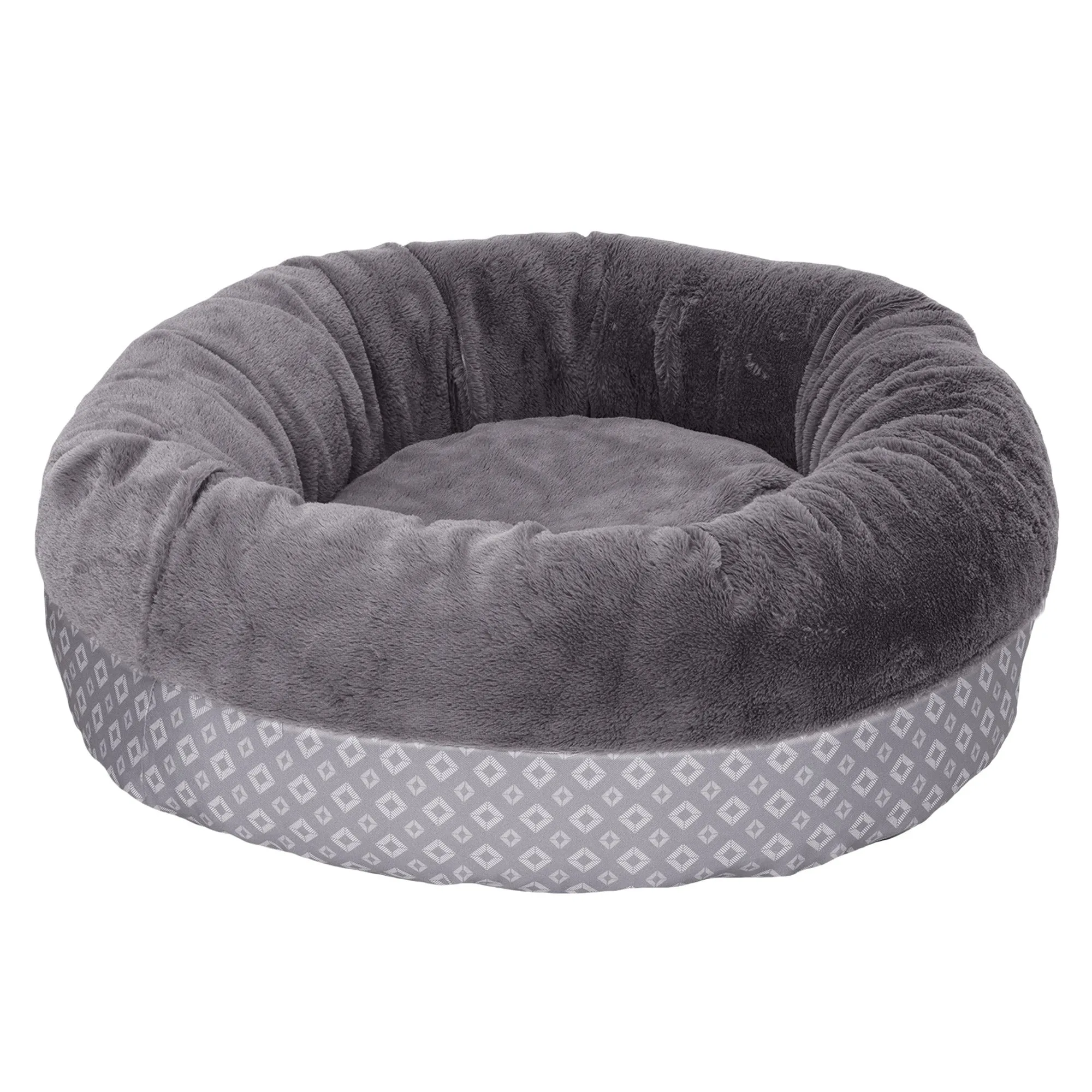 Plush & Diamond Print Calming Donut Dog Bed