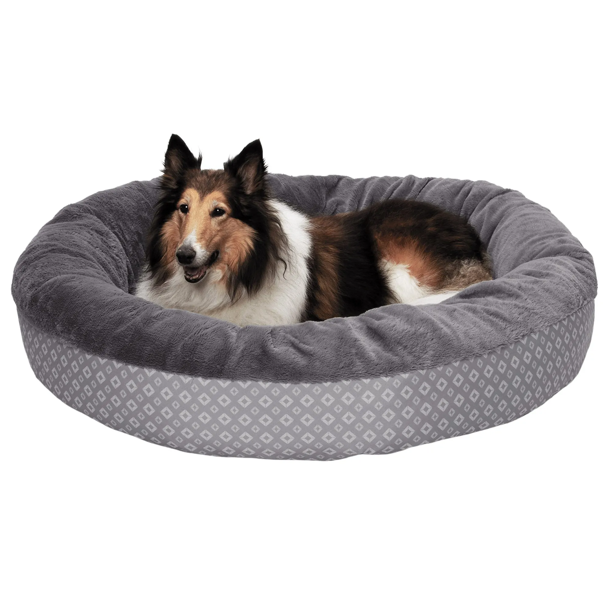 Plush & Diamond Print Calming Donut Dog Bed