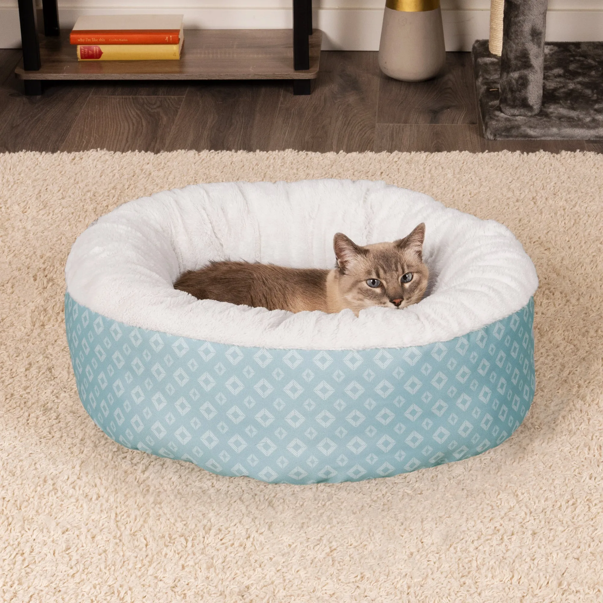 Plush & Diamond Print Calming Donut Dog Bed