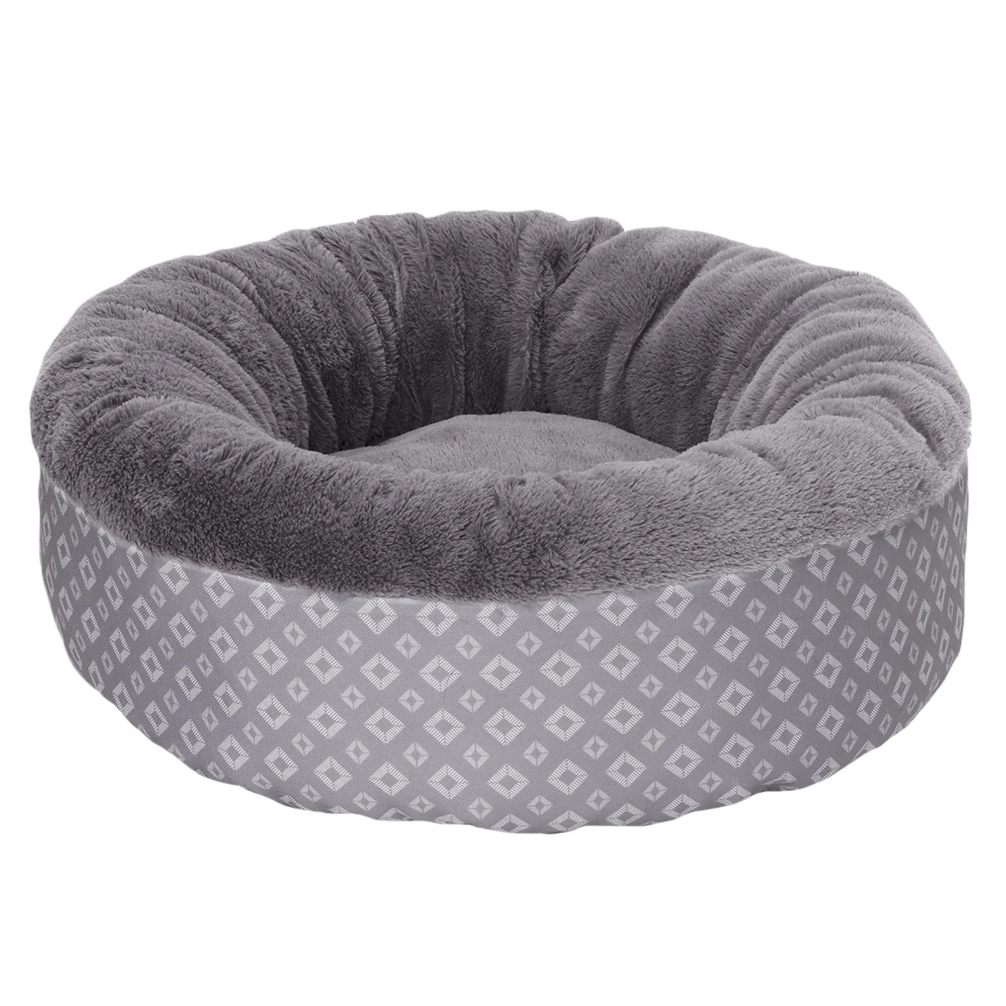 Plush & Diamond Print Calming Donut Dog Bed