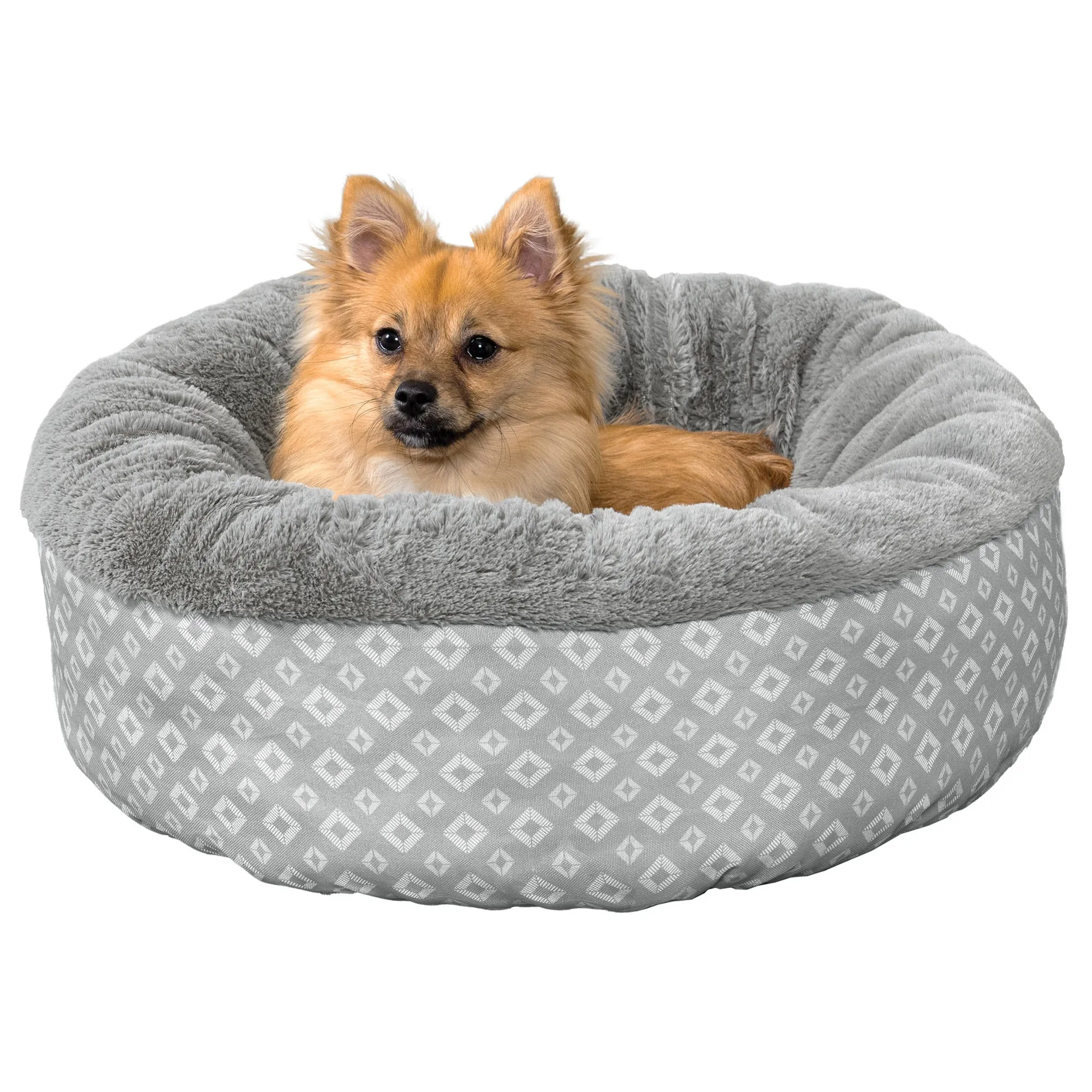 Plush & Diamond Print Calming Donut Dog Bed