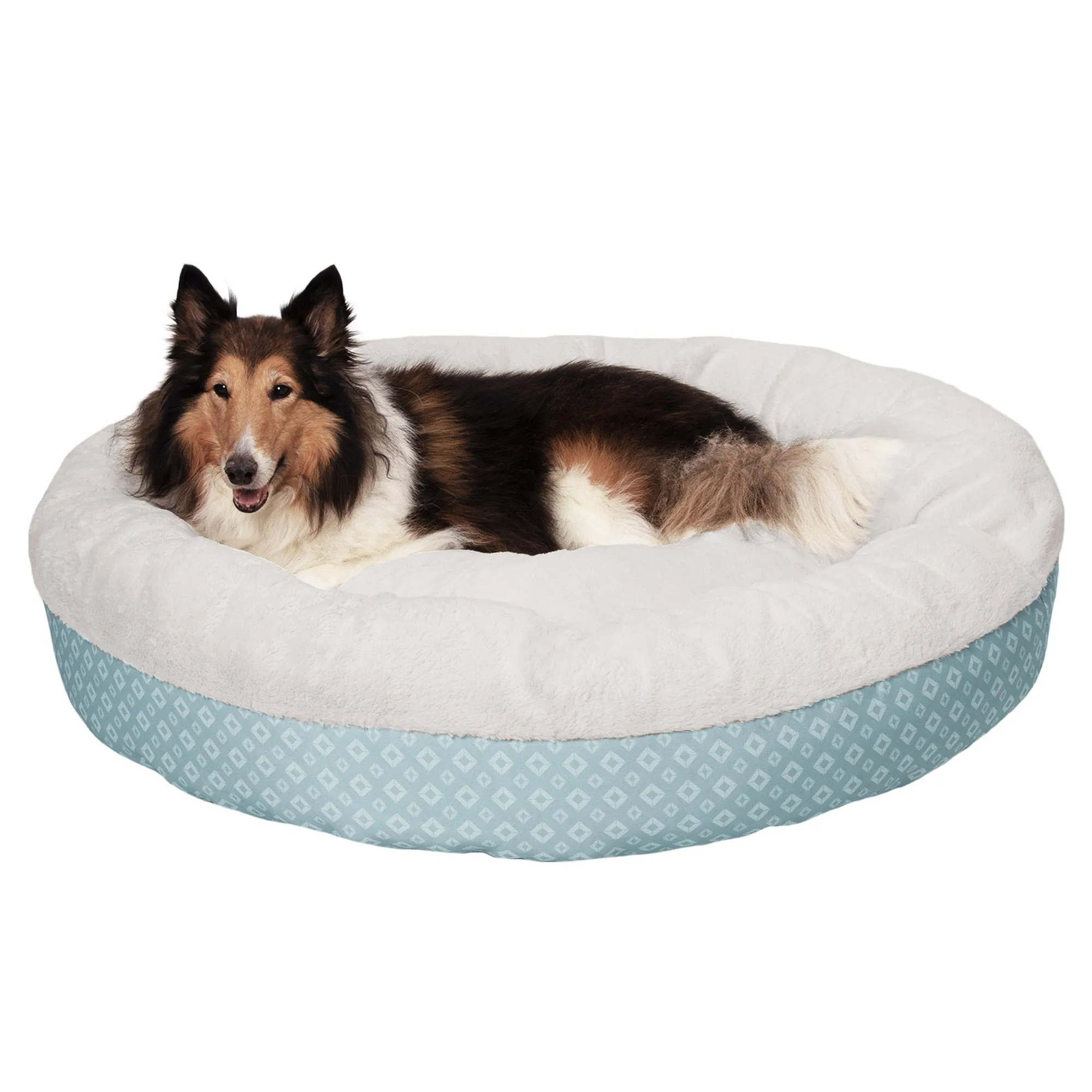 Plush & Diamond Print Calming Donut Dog Bed