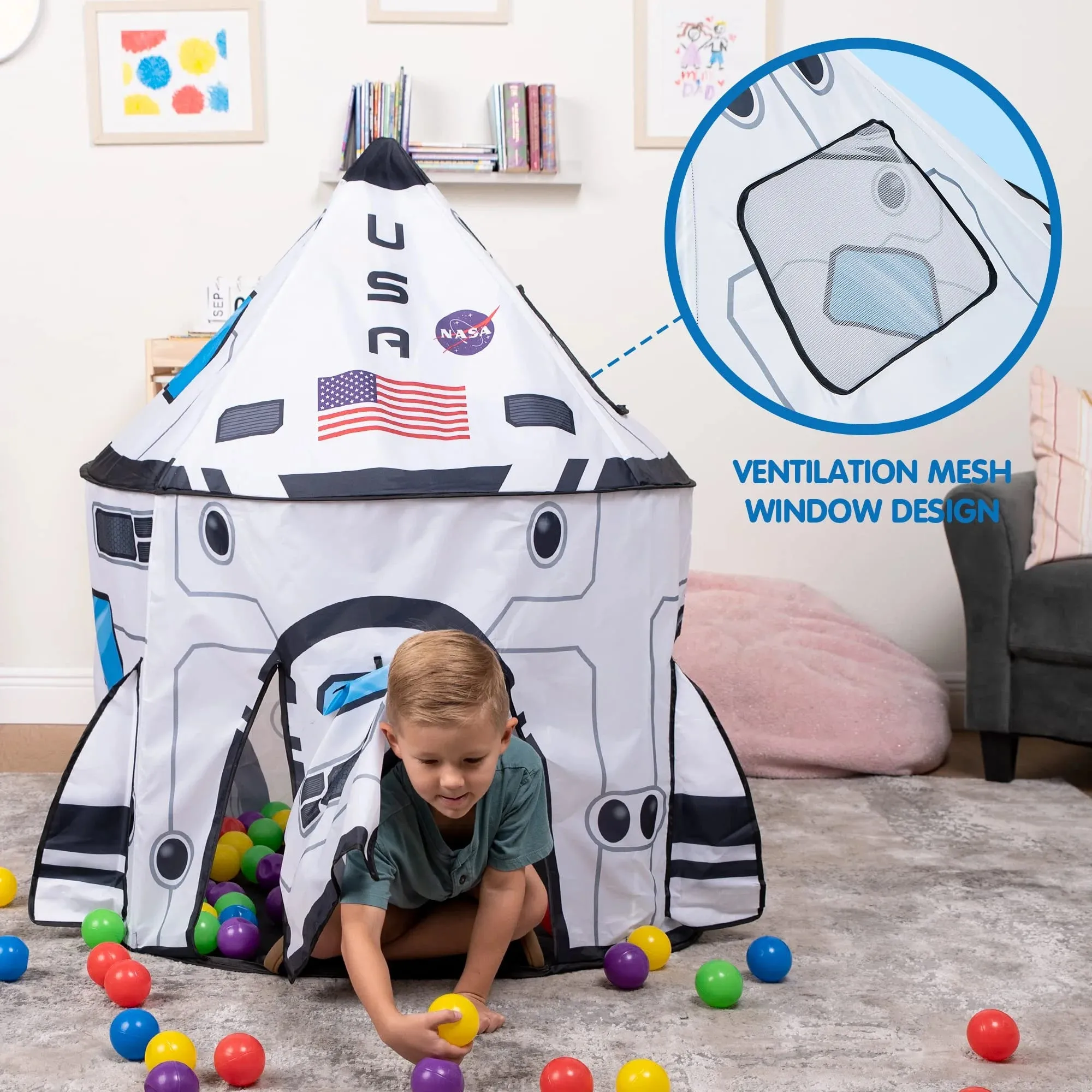 Rocket Ship Play Tents Set for Child, Pop up Playhouse with Tunnel, Kids Pretend Play