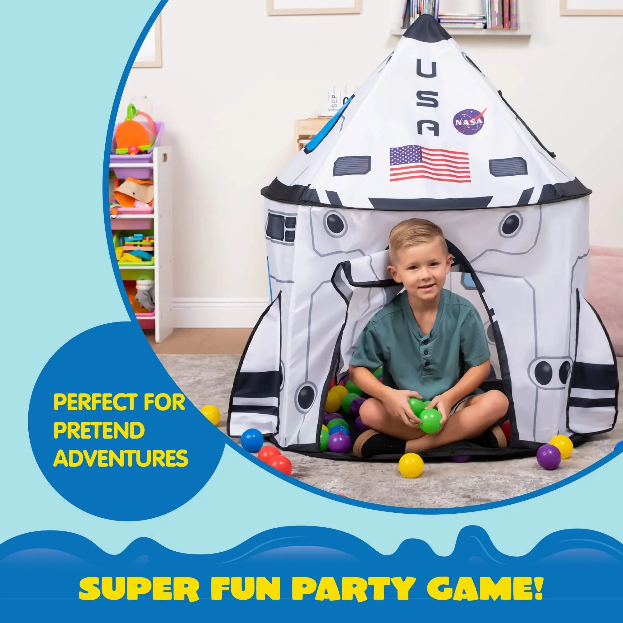 Rocket Ship Play Tents Set for Child, Pop up Playhouse with Tunnel, Kids Pretend Play