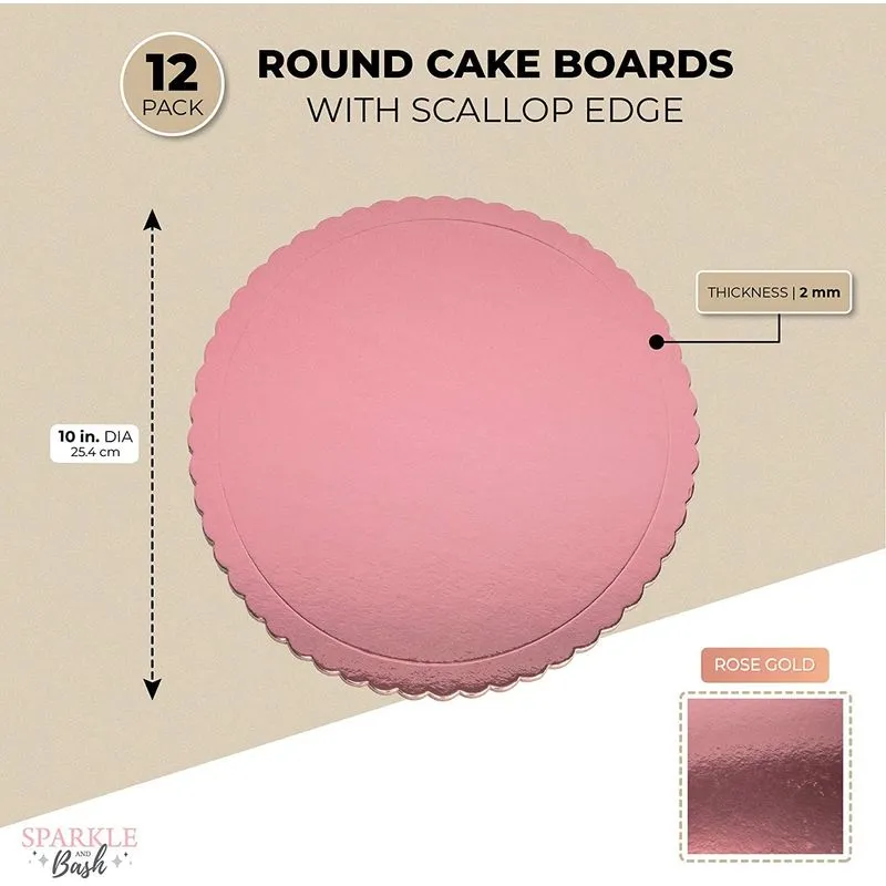 Rose Gold Foil Cake Boards, Scalloped Dessert Base (10 Inches, 12 Pack)