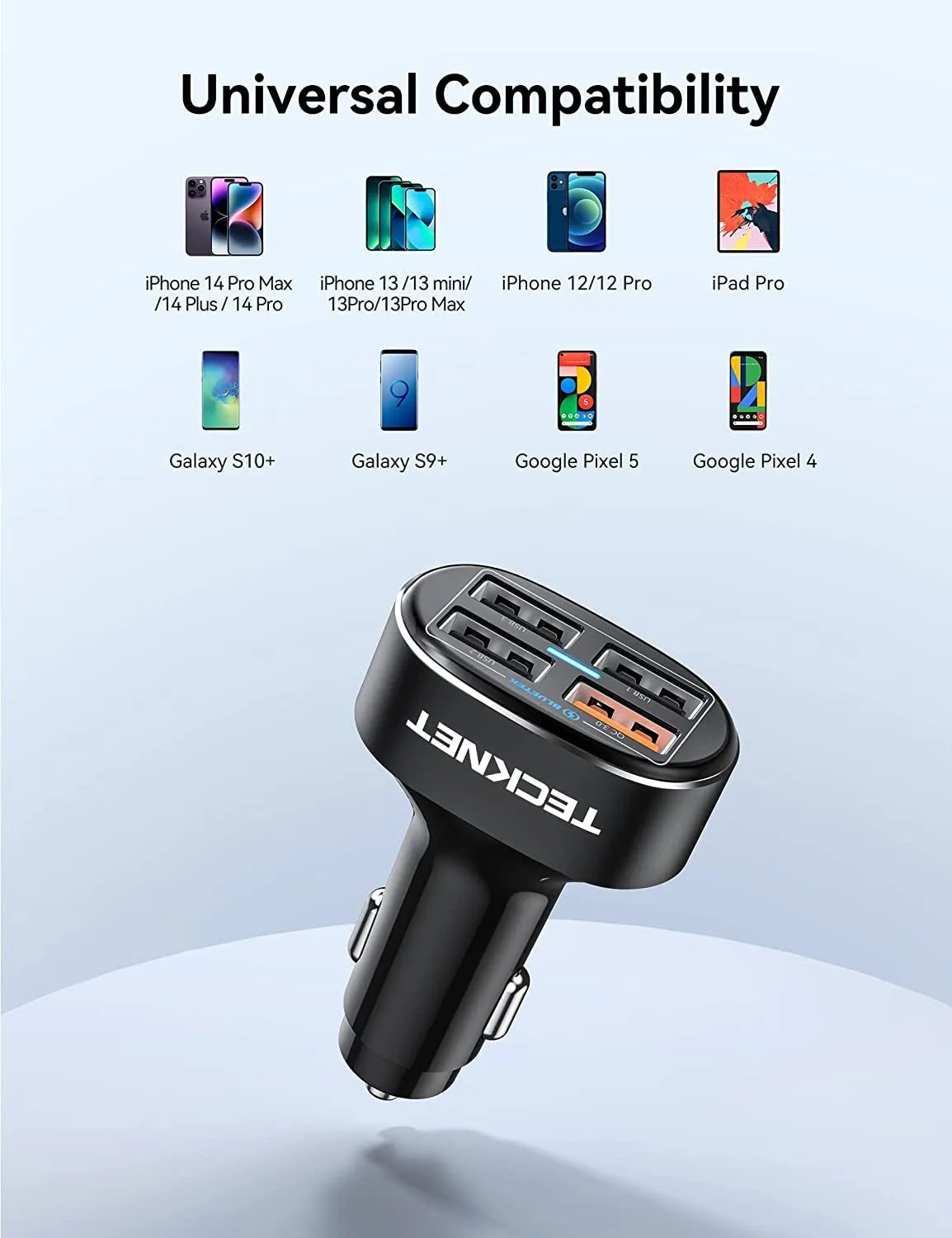 TECKNET USB Car Charger 54W 4-Port USB Car Charger Adapter QC 3.0 Port Compatible with Iphone 14 Pro Max/14 Plus/Iphone 13 12 11 Pro Max X XR XS 8 Samsung Galaxy Note 20/10 S21/20/10 Google Pixel